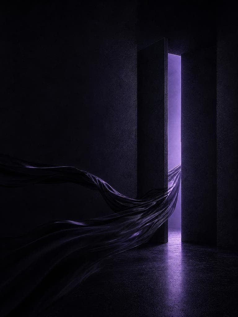 Symbolic fabric suspended in a dark, cinematic space, representing release.