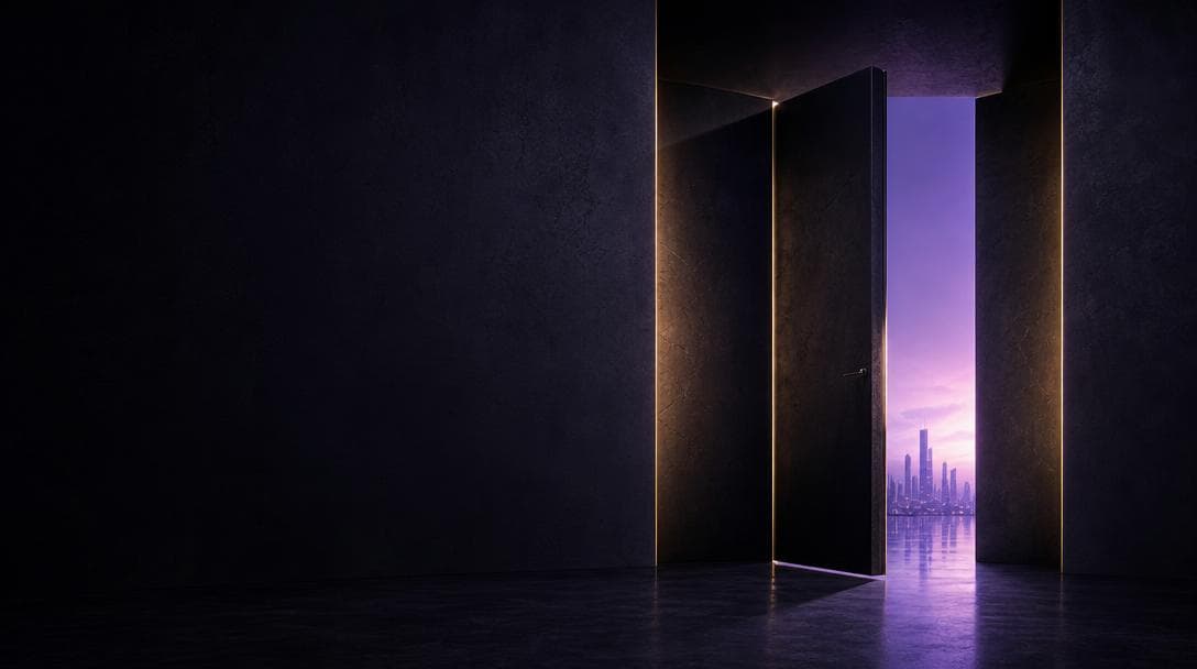 A symbolic doorway opening through shadow and violet light.
